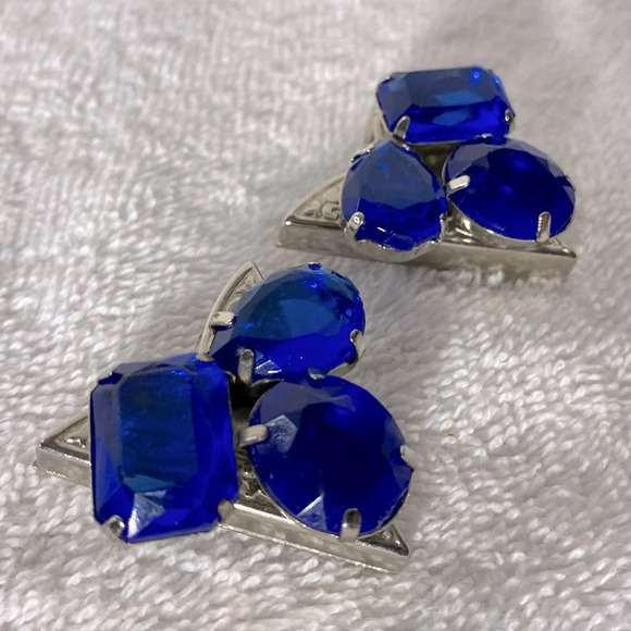 Vintage Handmade Silver Blue Bejewelled Shirt Collar Top Covers - Picture 4 of 7